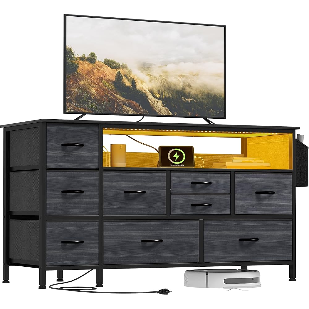 YITAHOME Dresser TV Stand for Bedroom with Charging Station, Wide Storage Chest of Drawers with 7 Large Fabric Drawers and Open Shelves, Storage Organizer Unit for Closet : Home & Kitchen