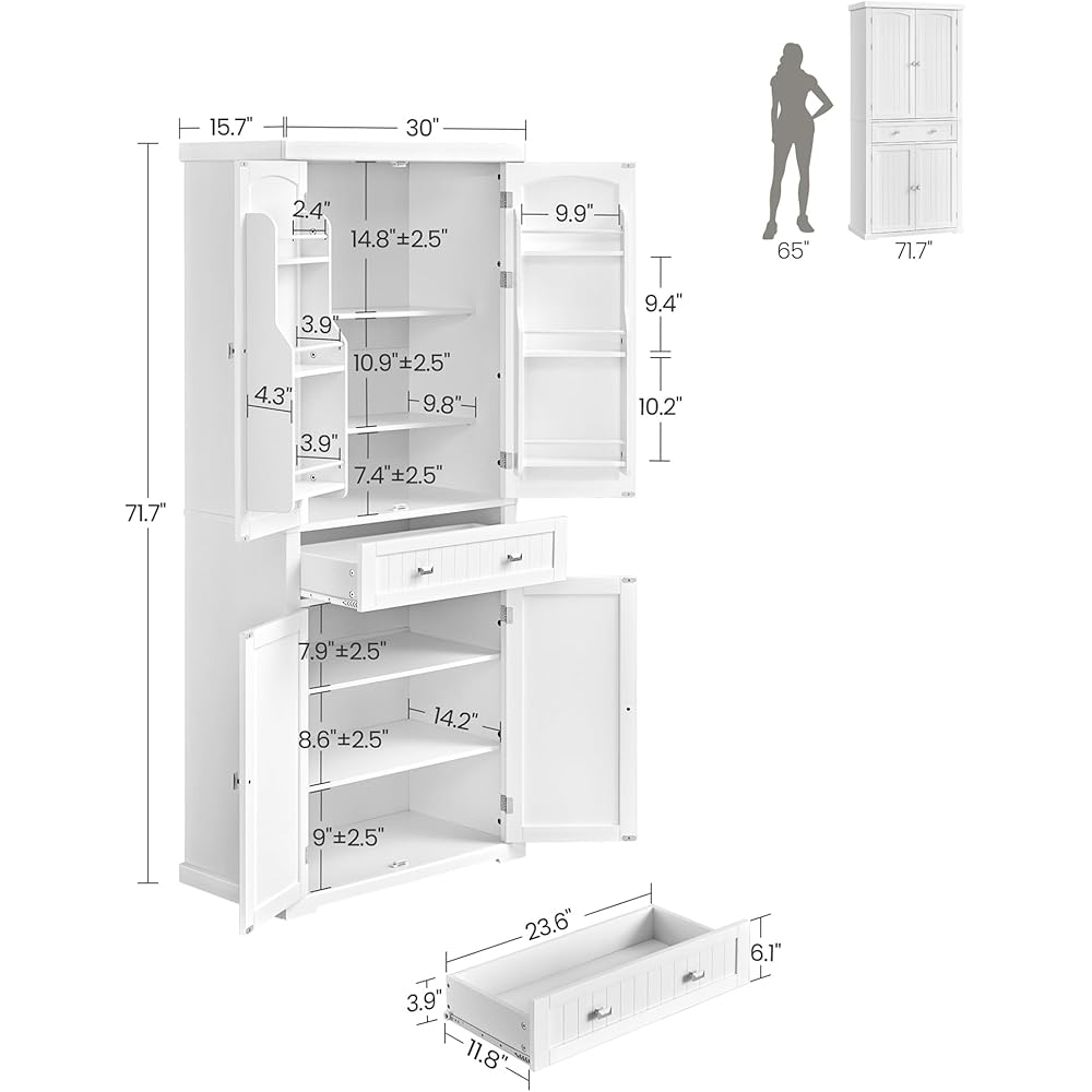 VASAGLE Pantry Cabinet, 71.7-Inch High Freestanding Tall Cupboard Storage Cabinet with a Drawer, 2 Cabinets, 4 Adjustable Shelves, 6 Door Shelves, for Living Room, Kitchen, White UBBC561P31V2