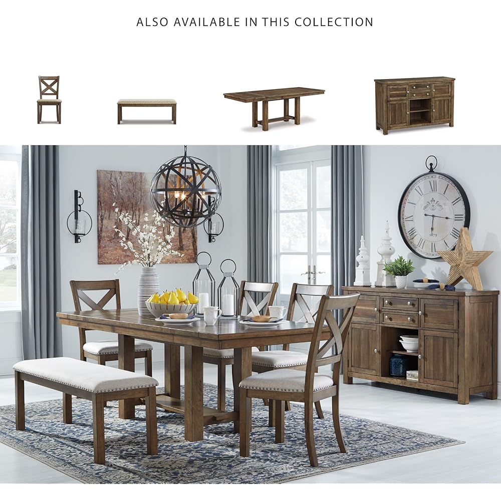 - Signature Design by Ashley Moriville Casual Rustic Upholstered Dining Bench, Grey & Brown - Table Benches