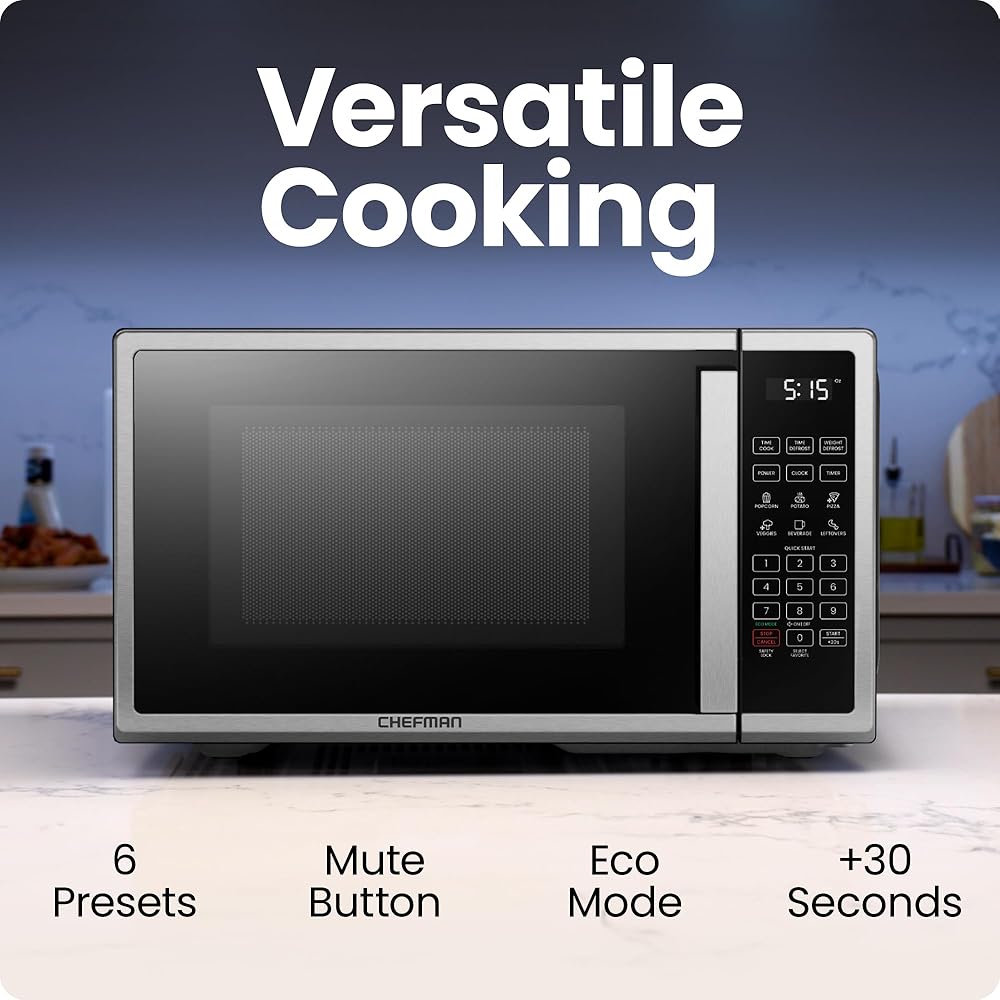 Chefman Countertop Microwave Oven 1.1 Cu. Ft. Digital Stainless Steel Microwave 1000 Watts with 6 Auto Menus, 10 Power Levels, Eco Mode, Memory, Mute Function, Child Safety Lock, Easy Clean: Home & Kitchen