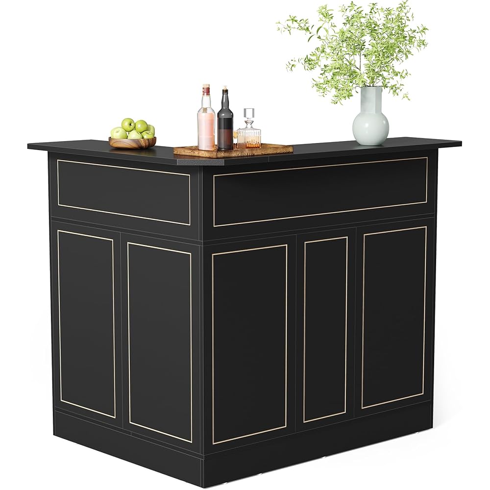 LITTLE TREE Black Bar Cabinet, 4-Tier Home Mini Bar Cabinet with Stemware Rack, Freestanding Wooden Storage Cabinet, Modern L-Shaped Liquor Table Cabinet for Living Room, Dining Room