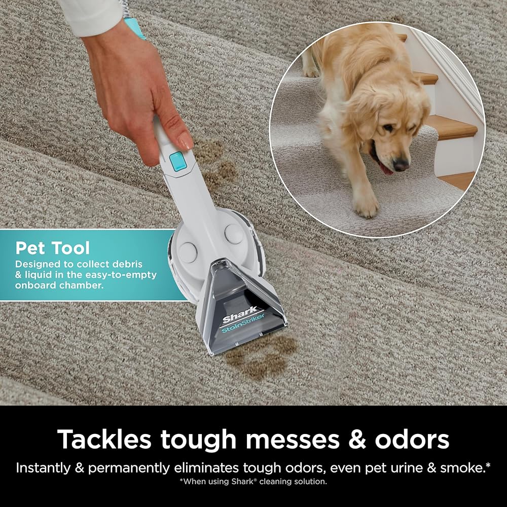 - Shark CarpetXpert with StainStriker Upright Carpet, Area Rug & Upholstery Cleaner with Pet Mess Extractor Tool, Perfect for Pets, Carpet Shampooer, 3 Cleaning Tools, Cleaning Solutions, White, EX201