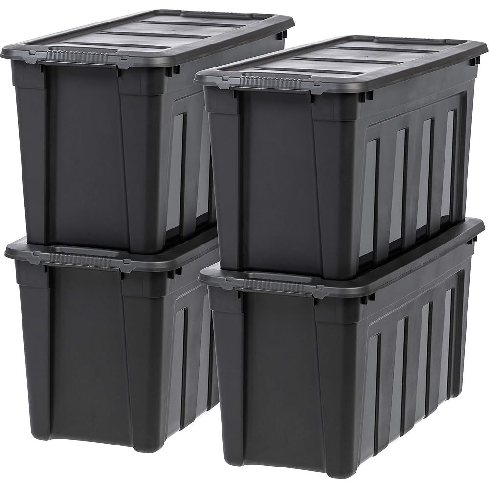 IRIS USA 31 Gallon Heavy Duty Storage Totes with Easy-Grip Handles, 4 Pack - Large Bins with Lids Garage Organizing Tubs, Durable Stackable Utility Containers, Made in USA - Black