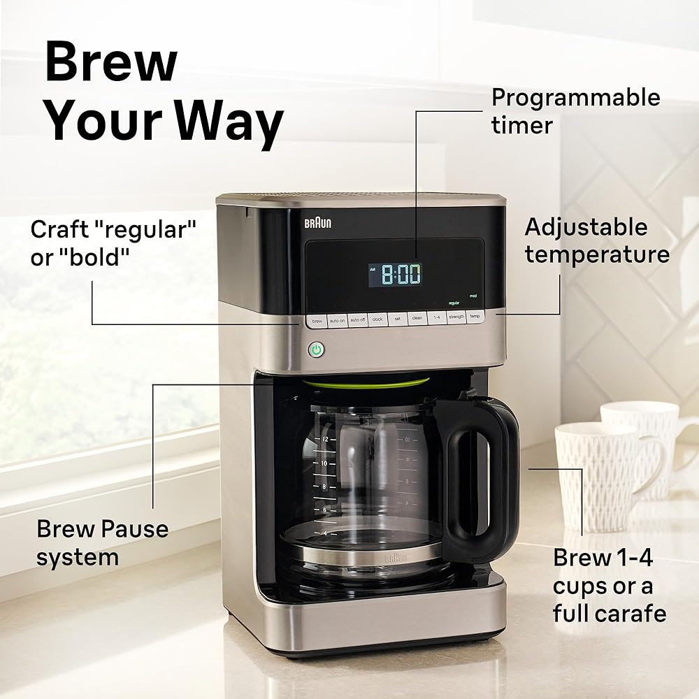 Braun BrewSense 12 Cup Drip Coffee Maker - Pause & Pour Mid Brew, Coffee Machine with 24-Hour Timer & Clock, Bold & Regular Strength, 1-4 Cup Functions, Self Clean, Auto Shutoff, Stainless Steel: Home & Kitchen