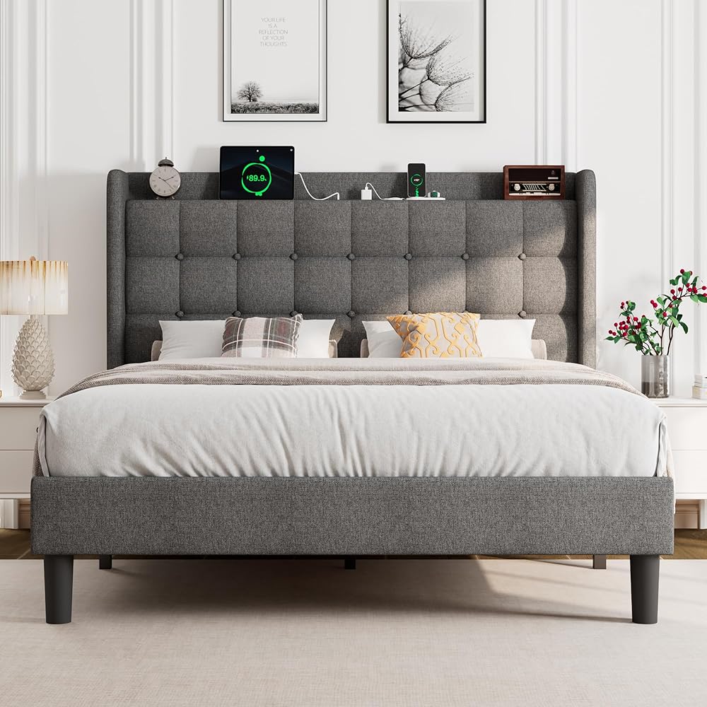 Einhomn Queen Bed Frame, Upholstered Platform Bed with Charging Station, Modern Wingback Storage Headboard, Solid Wood Slats Support, No Box Spring Needed, Dark Gray : Home & Kitchen