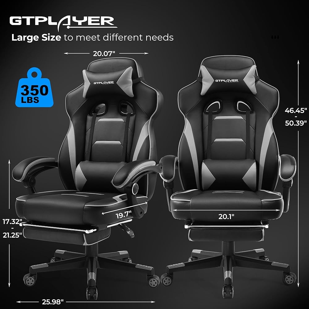 GTPLAYER Gaming Chair with Footrest, Big and Tall Computer Game Chair 350lb Racing Style, Ergonomic High Back Lumbar Support and Recliner, Moon Gray : Home & Kitchen