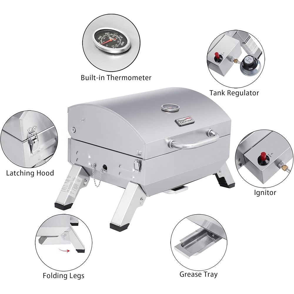 Royal Gourmet GT1001 Stainless Steel Portable Grill, 10000 BTU BBQ Tabletop Gas Grill with Folding Legs and Lockable Lid, Outdoor Camping, Deck and Tailgating, Silver
