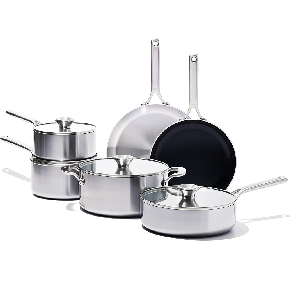 OXO Mira Tri-ply Stainless Steel, 10 Piece Cookware Pots and Pans Set, Skillets, Saute, Saucepans, Lids,Incl Ceramic Nonstick Frying Pan,Induction,Multi Clad,Metal Utensil Safe,Dishwasher & Oven Safe: Home & Kitchen