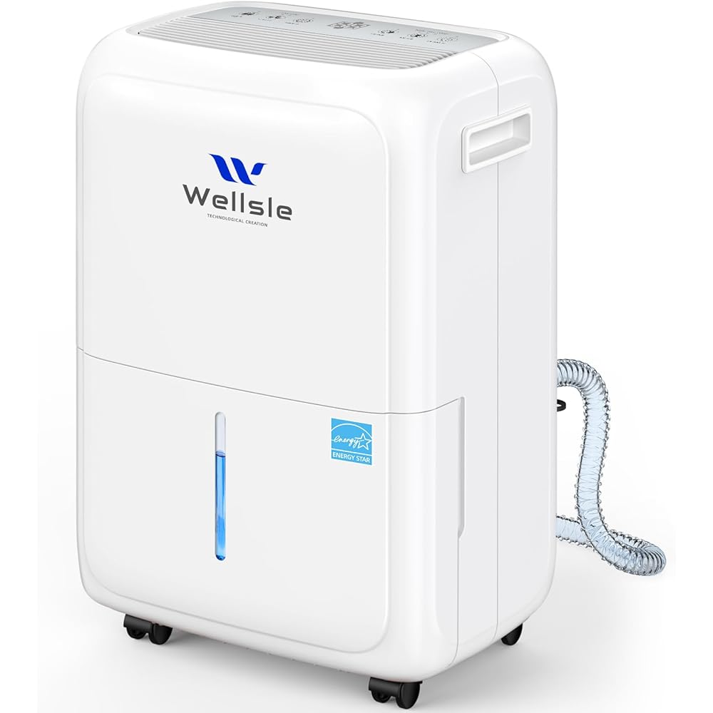 - Wellsle Most Efficient Energy Star Dehumidifier, 52 Pint Dehumidifiers for Basement and Home with Drain Hose, 1.59 Gallon Water Tank, Smart Humidity Control for Bedroom with 24HR Timer, Auto Shut Off