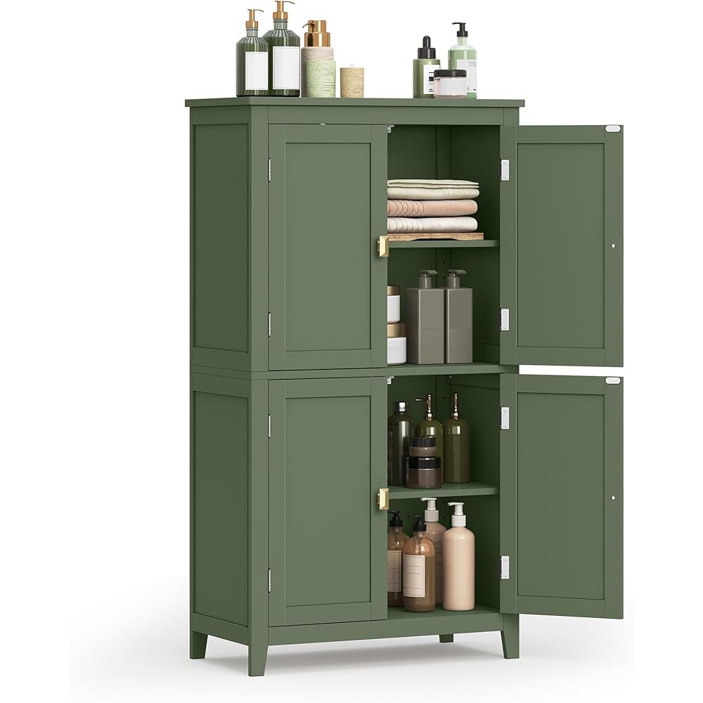 VASAGLE Bathroom Floor Storage Cabinet, Bathroom Storage Unit, Freestanding Cabinet with 4 Doors, Adjustable Shelves, 11.8 x 23.6 x 43.3 Inches, Forest Green UBBC552C01 : Tools & Home Improvement
