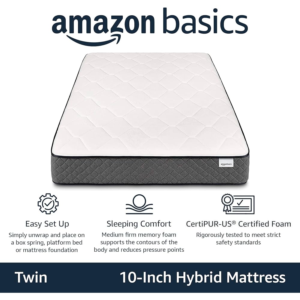 Amazon Basics Memory Foam Mattress, Twin Size Mattress, Hybrid, 10-Inch, Medium Feel, Motion Isolation Springs, White/Gray : Home & Kitchen