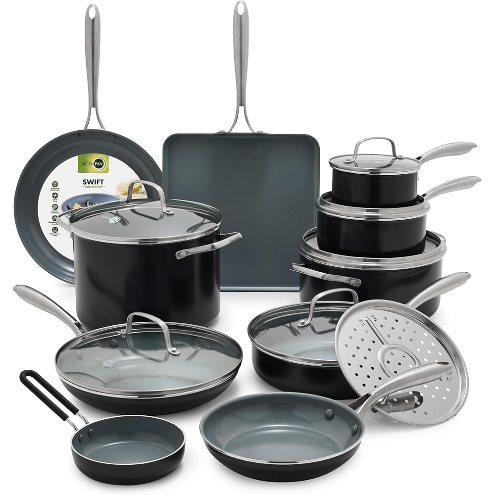 GreenPan 17 Piece Nonstick Swift Cookware Set, Ceramic PFAS-Free Pots & Pans with Lids, Dishwasher & Oven/Broiler Safe to 600F, Kitchen Cooking Set, Sauce, Saute, Stock, Griddle, Frying Pans, Gray: Home & Kitchen