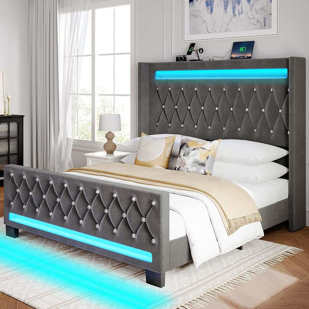 Rolanstar Queen Bed Frame with LED Light and Charging Station, Upholstered High Headboard and Footboard, Wood Slats, Noise Free, Easy Assembly, Grey : Home & Kitchen