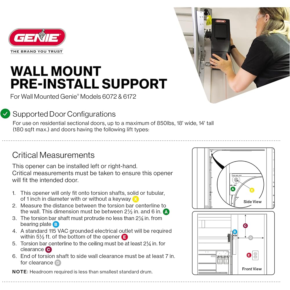 Genie 6072H-O Residential Wall Mounted Garage Door Opener, Black -