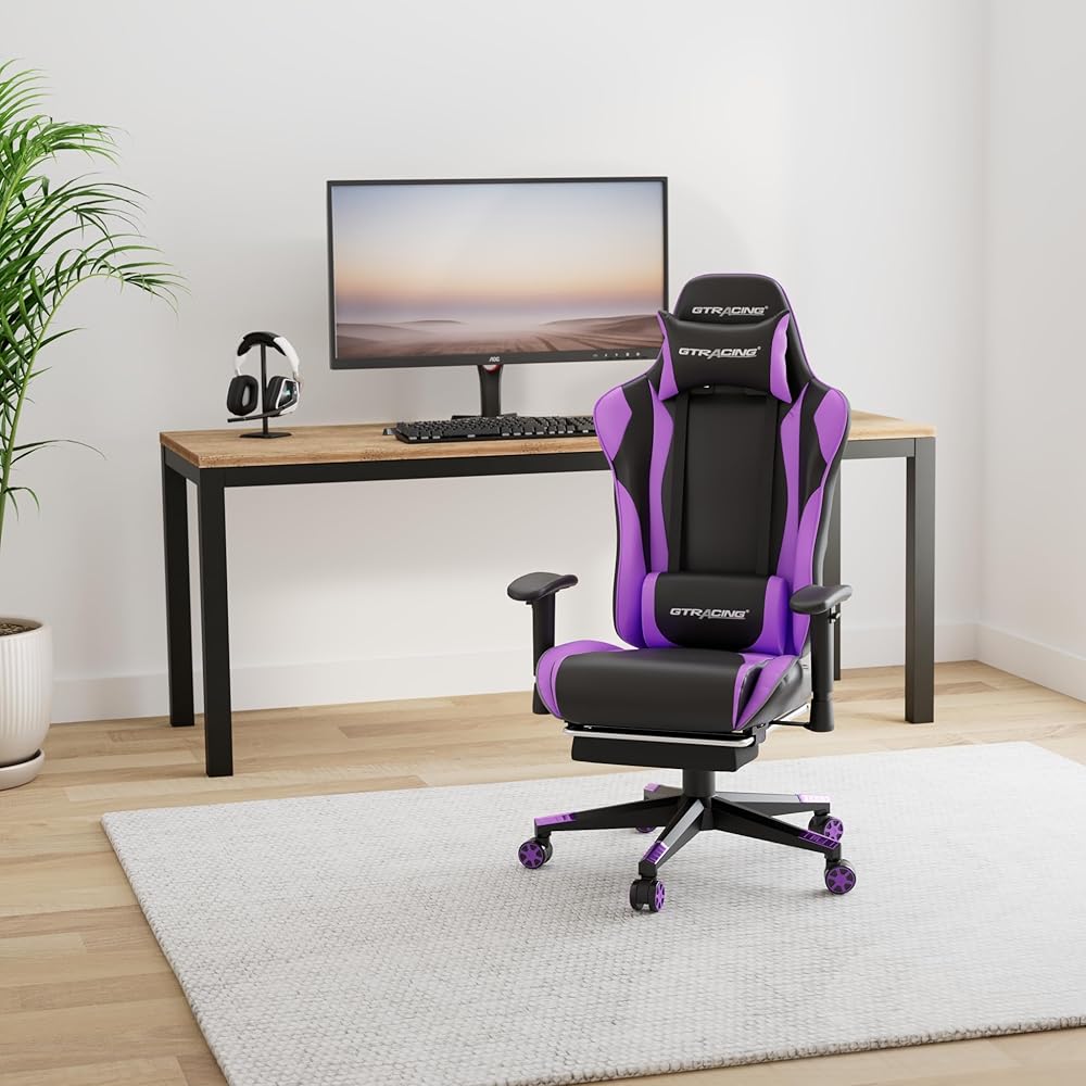 GTRACING Gaming Chair with Footrest, Ergonomic Computer Game Desk Chair, Reclining Gamer Chair Seat Height Adjustment, Swivel Rocker with Headrest and Lumbar, Purple : Home & Kitchen