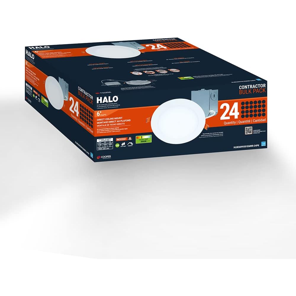 HALO HLBE 6-Inch Slim Canless Recessed Downlight for New Construction/Remodel - Contractor 24-Pack -