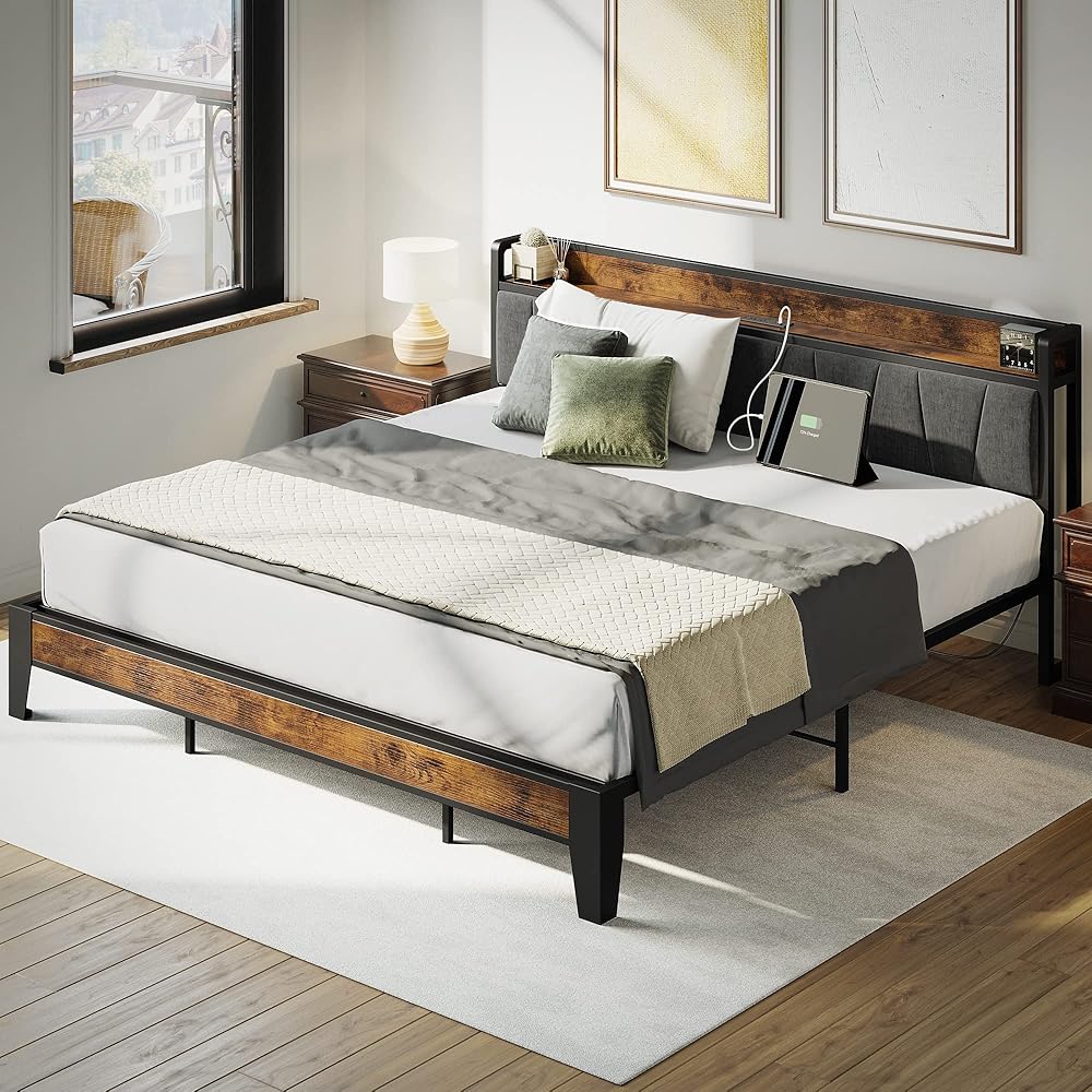 LIKIMIO King Size Bed Frame, Storage Headboard with Charging Station, Solid and Stable, Noise Free, No Box Spring Needed, Easy Assembly : Home & Kitchen
