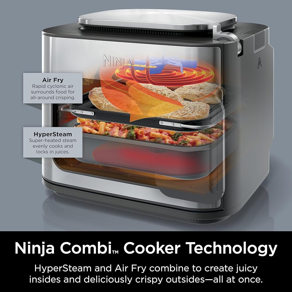 Ninja Combi All-in-One Multicooker, Oven, & Air Fryer, Complete Meals in 15 Mins, 14-in-1 Functions, Combi Cooker + Air Fry, Bake, Roast, Slow Cook and More, 3 Accessories, Stainless Steel, SFP701 : Home & Kitchen