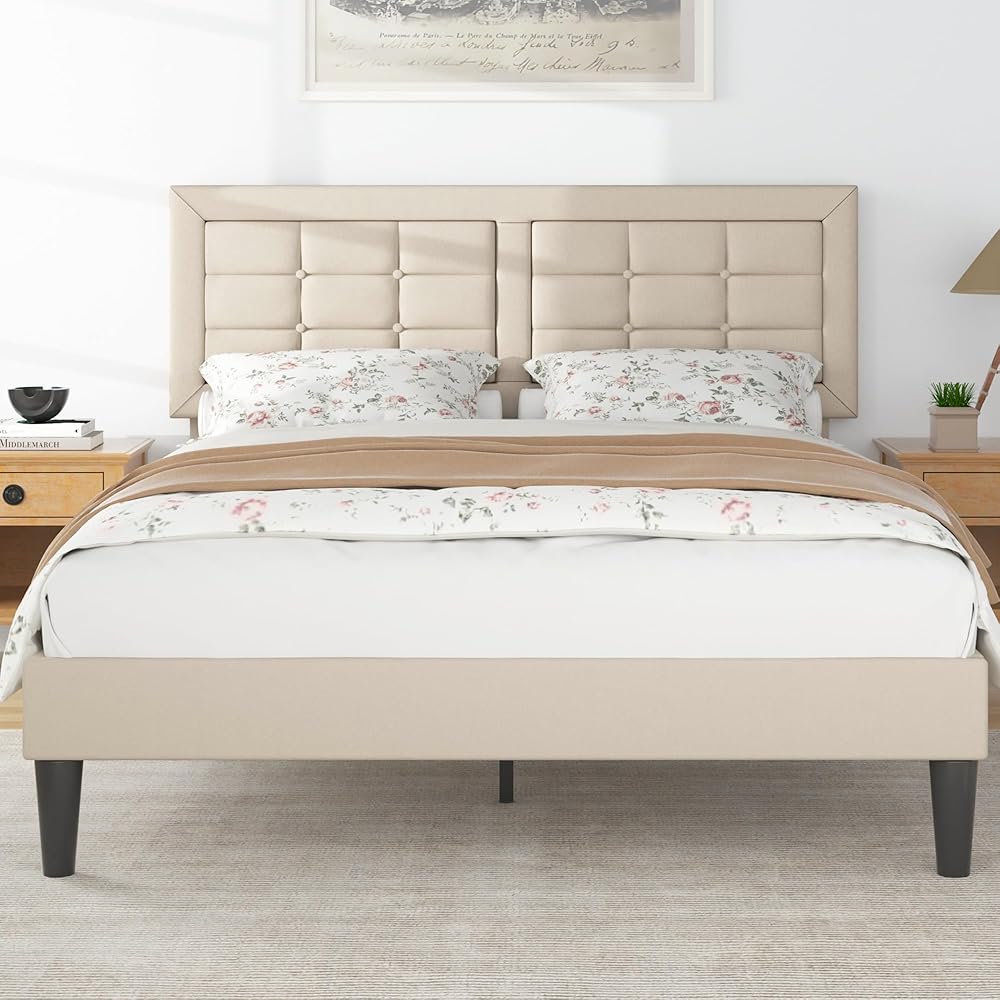 VECELO Queen Size Bed Frame with Adjustable Headboard, Upholstered Button Tufted Platform Bedframe with Wood Slats Support, No Box Spring Needed, Beige : Home & Kitchen