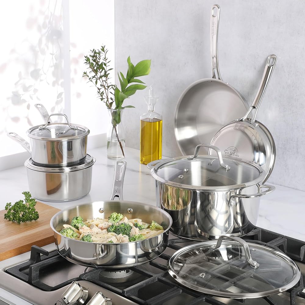 Sur La Table Kitchen Essentials Chef's Deck 10 Piece Stainless Steel Non Toxic Pots and Pans Kitchen Cookware Set w/Triply Encapsulated Base - Induction Safe: Home & Kitchen
