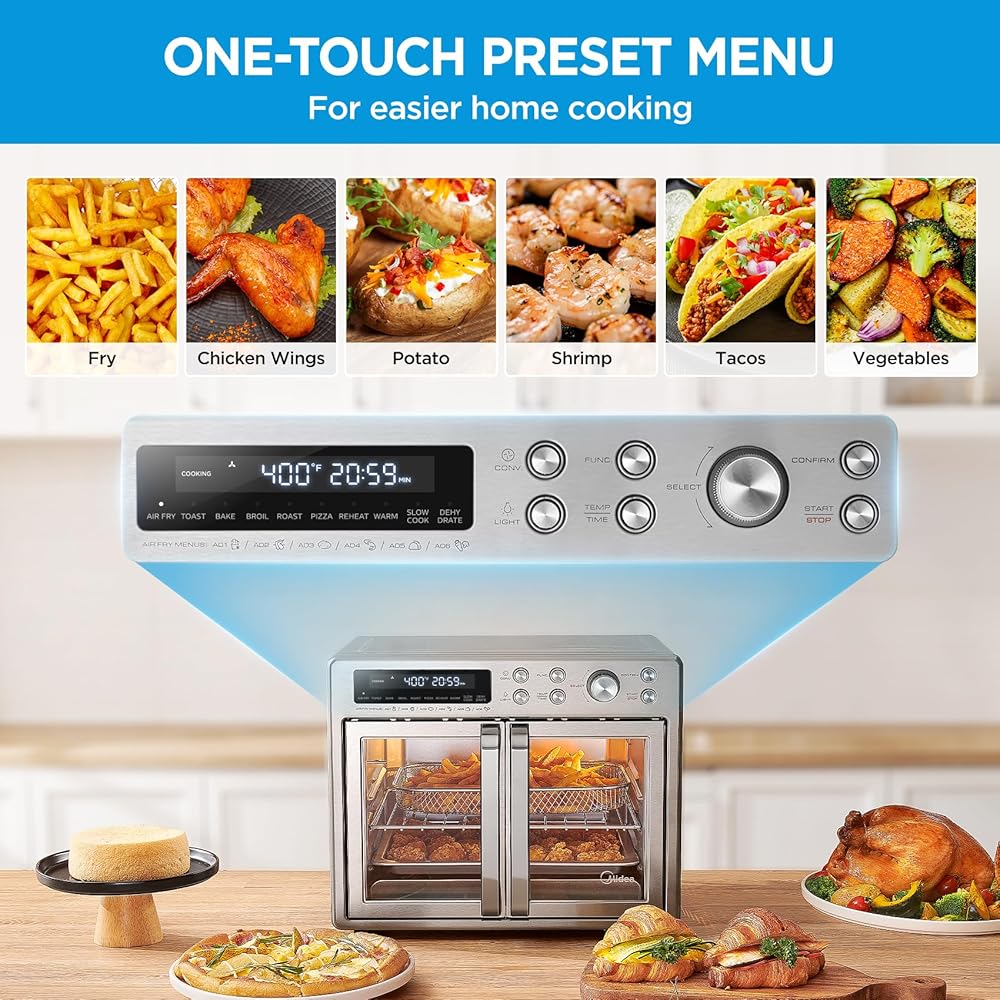 Midea Flexify French Door Toaster Oven Air Fryer Combo, 26.4 QT, Extra Large Air Fryer Countertop Oven 10-in-1 Combo, 25% Faster Cooking and 90% Less Oil, Stainless Steel : Home & Kitchen