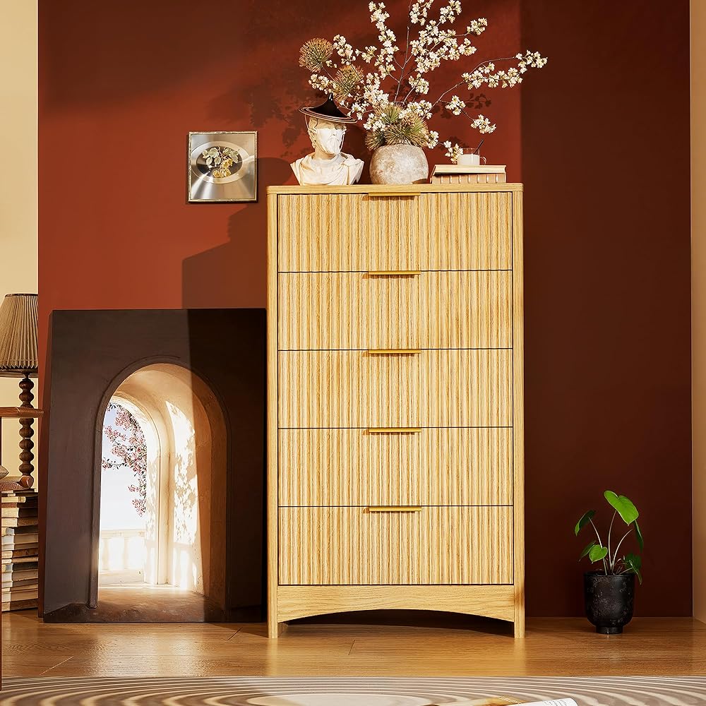 Marsail Fluted 5-Drawer Tall Wooden Dresser, Smooth Gliding Drawers & Large Capacity Storage Space, Modern Organizer Cabinet for Bedroom or Hallway, Natural Oak : Home & Kitchen