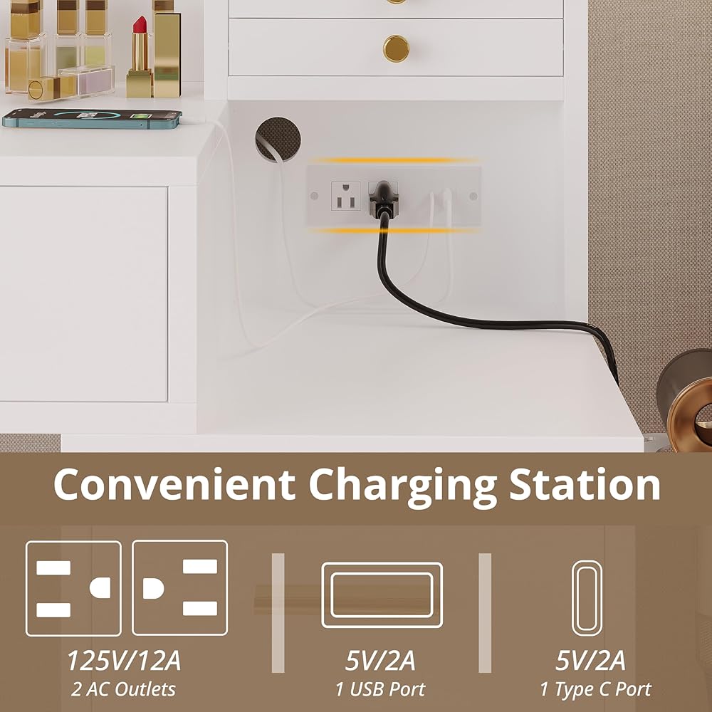 IRONCK Vanity Desk with Mirror and Lights, Makeup Vanity Table with 5 Drawers & Shelves, Power Outlet, Vanity Stool, Dressing Table with Jewelry Storage for Bedroom, White & Gold : Home & Kitchen