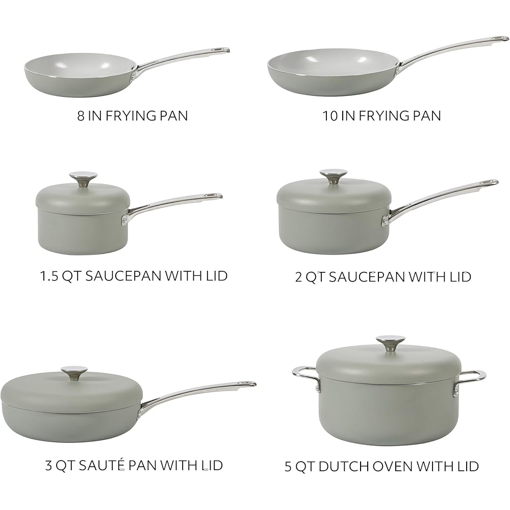 Sur La Table Kitchen Essentials Potluck Porch 10 Piece PFA Free Ceramic Non stick Interior Forged Aluminum Cookware Pots and Pans Set W/Aluminum Lids - Green - Induction Compatible: Home & Kitchen