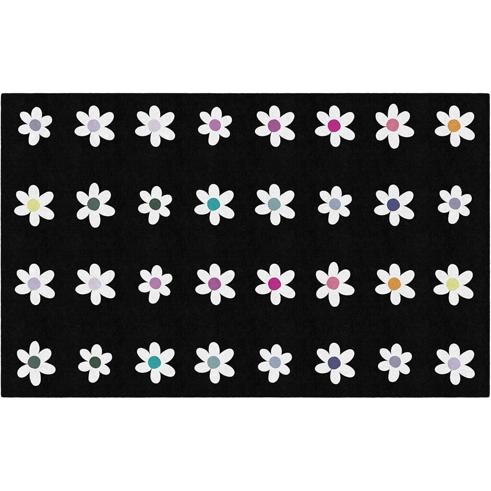 Flagship Carpets Schoolgirl Style Daisies on Black Criss-Cross Applesauce Educational Area Rug for Kids Room, Children's Classroom, Play Carpet for Teaching and Playroom, 7'6