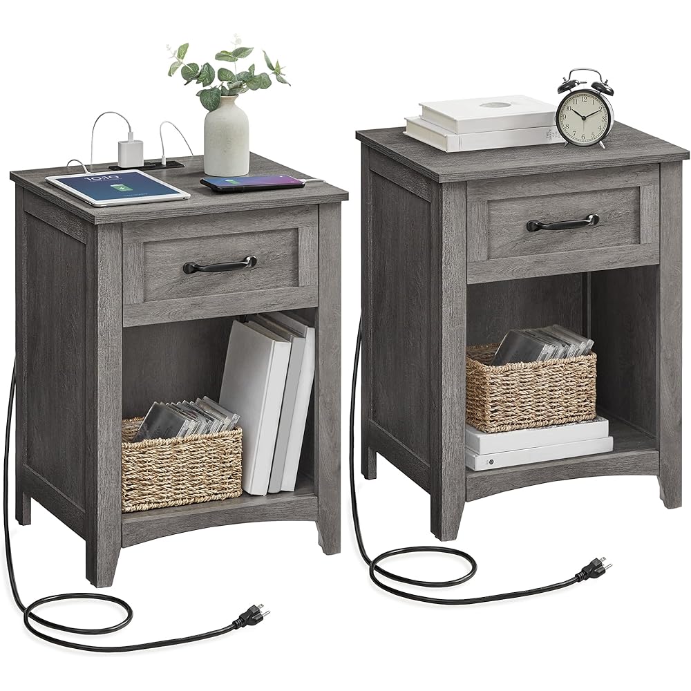 VASAGLE LIRY Collection - Farmhouse Nightstands with Charging Station, Set of 2 Bedside Tables, Side Tables with Drawer, Open Compartment, for Bedroom, Misty Gray ULET859G01 : Home & Kitchen