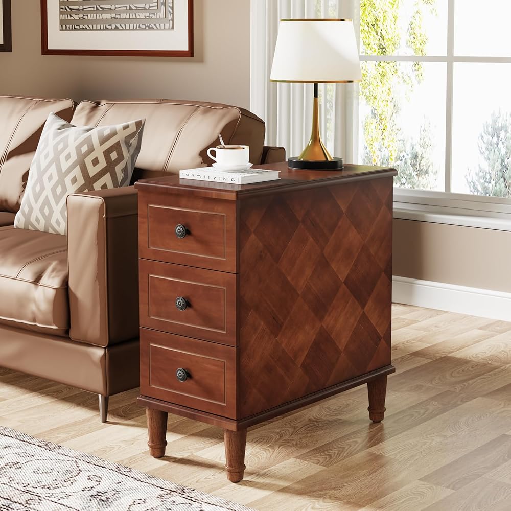 Tribesigns Solid Wood End Table, Fully Assembled Narrow Side Table with Drawers, Pre-Assembled Nightstand Slim Bedside Table for Small Spaces, Living Room, Bedroom, Brown : Home & Kitchen