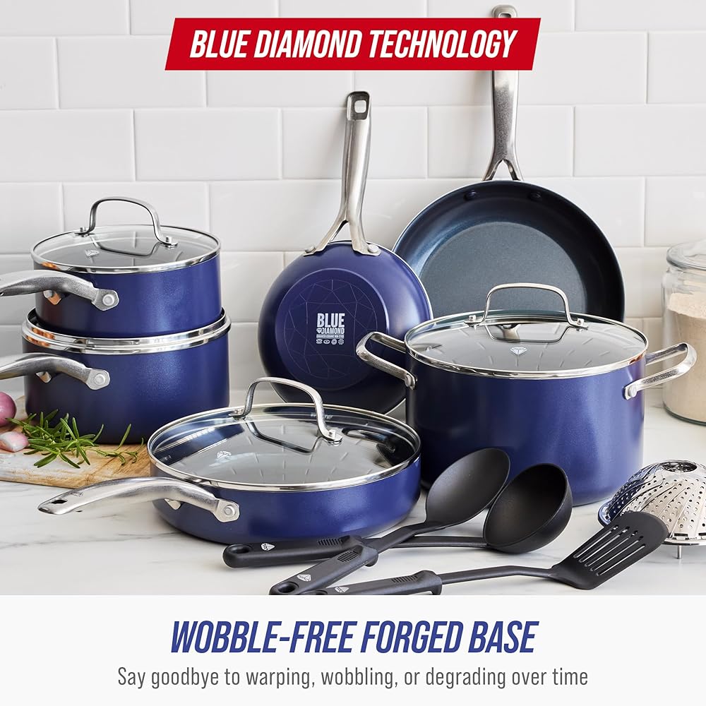 Blue Diamond 14 Piece Nonstick Cookware Set, Diamond Ceramic Pots & Pans, Dishwasher & Metal Utensil Safe, Non Toxic PFAS-Free, Kitchen Cooking Sauce & Saute Pans, Oven & Broiler to 600F, Blue: Home & Kitchen