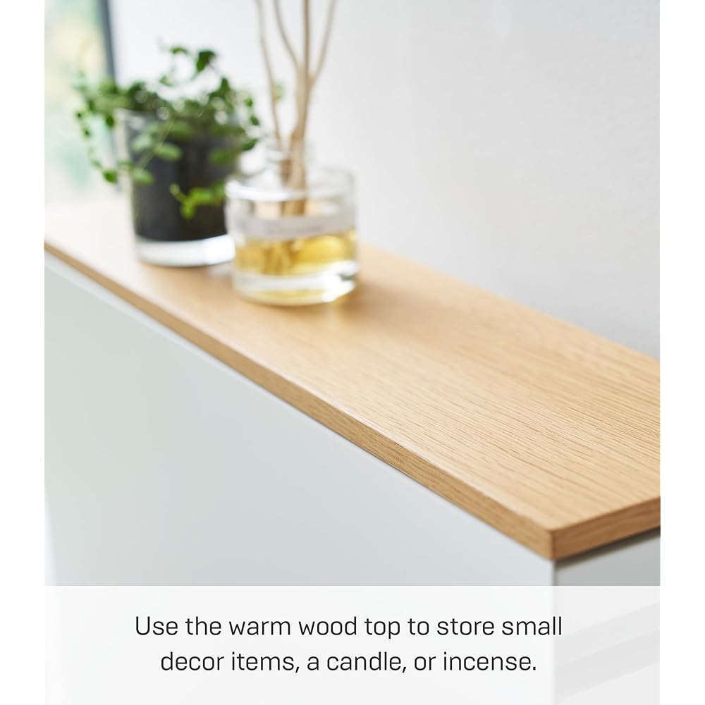 Yamazaki Home Tower Pull-Out Bathroom Storage Cabinet – Slim Bathroom Organizer with Wood Top - Steel + Wood - Holds Up to 12 Rolls of Toilet Paper and A Toilet Brush