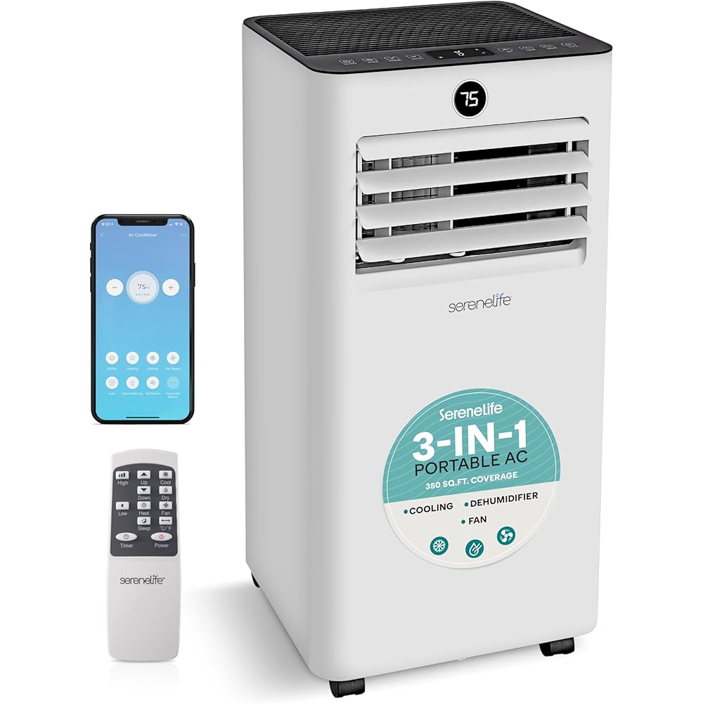 SereneLife SLPAC83W Portable Air Conditioner-8000 Capacity (ASHRAE) Compact Home A/C Cooling Unit Only with Wifi Function, Includes Window Mount Kit (White), 8,000 BTU