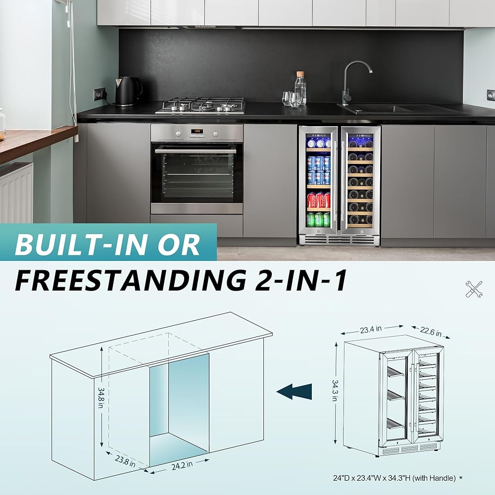 EUHOMY Wine and Beverage Refrigerator, 24 Inch Dual Zone Wine Cooler with Glass Door Hold 21 Bottles and 88 Cans, Built in or Under Counter Wine Fridge with Blue LED Light: Home & Kitchen