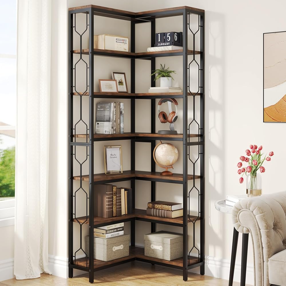 Tribesigns Corner Shelf, 7-Tier Industrial Corner Bookshelf, Wood and Metal Etagere Bookcase, Freestanding Display Shelf for Living Room, Kitchen, Home Office, Rustic Brown : Home & Kitchen