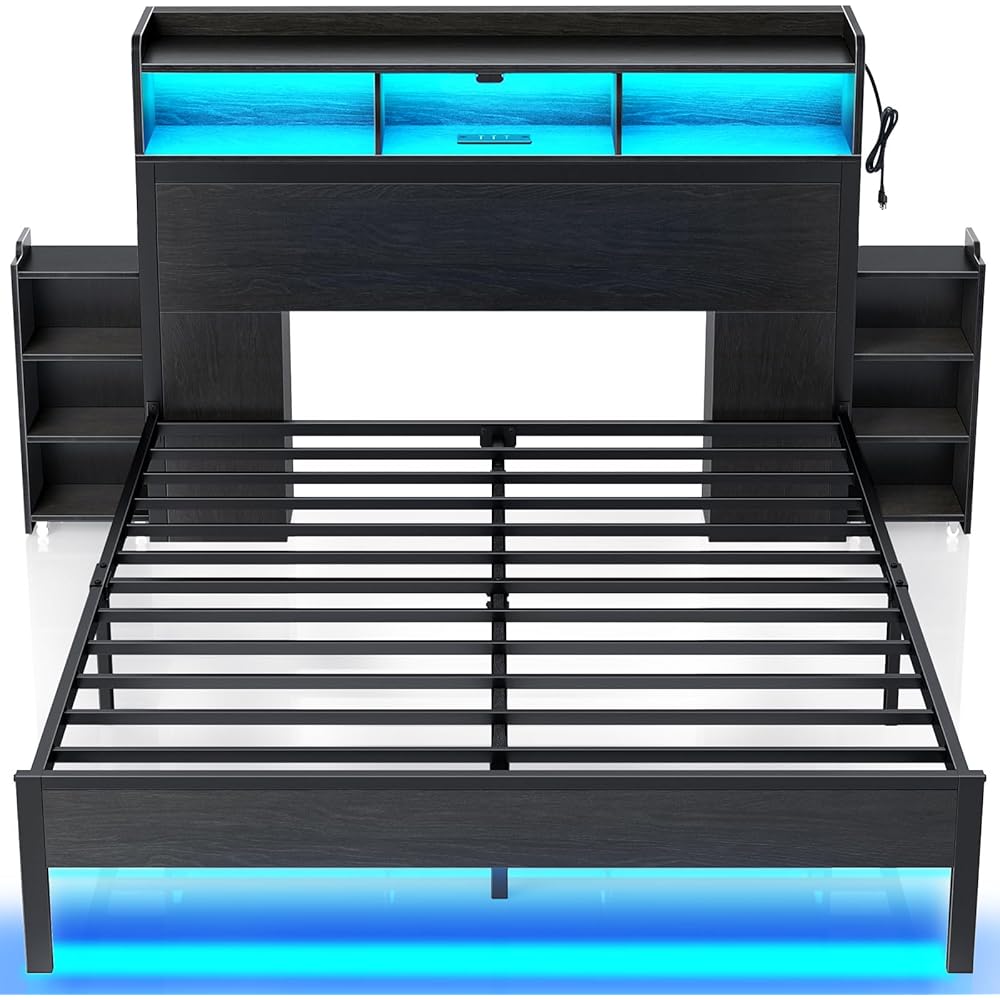 Rolanstar Bed Frame Queen Size with Bookcase Storage Headboard, Slide Out Bedside Storage, Bed with Charging Station & LED Lights, Heavy Duty Metal Slats, No Box Spring Needed, Noise Free, Black : Home & Kitchen