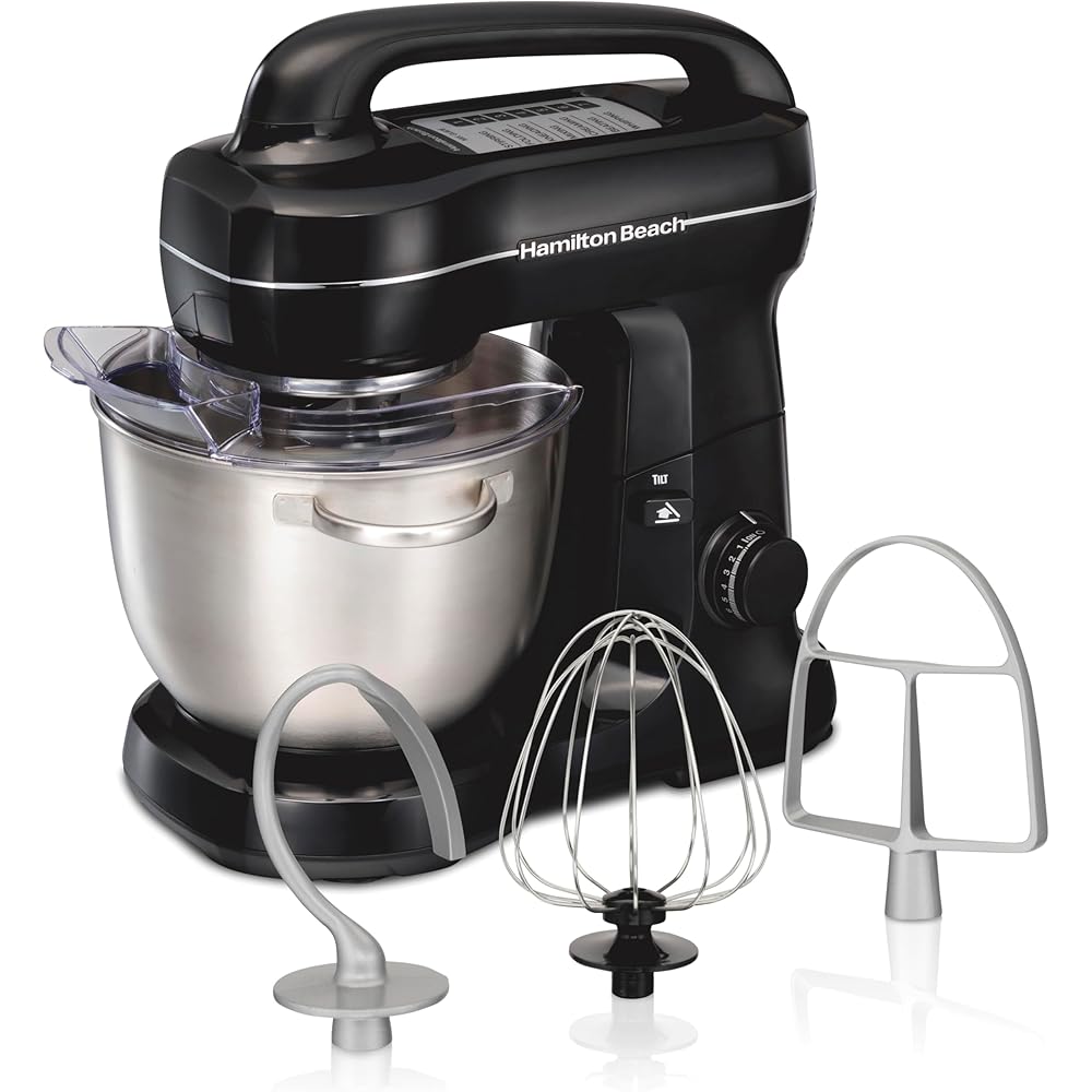 Hamilton Beach Electric Stand Mixer, 4 Quarts, Dough Hook, Flat Beater Attachments, Splash Guard 7 Speeds with Whisk, Easy-Carry Top Handle, Black: Home & Kitchen