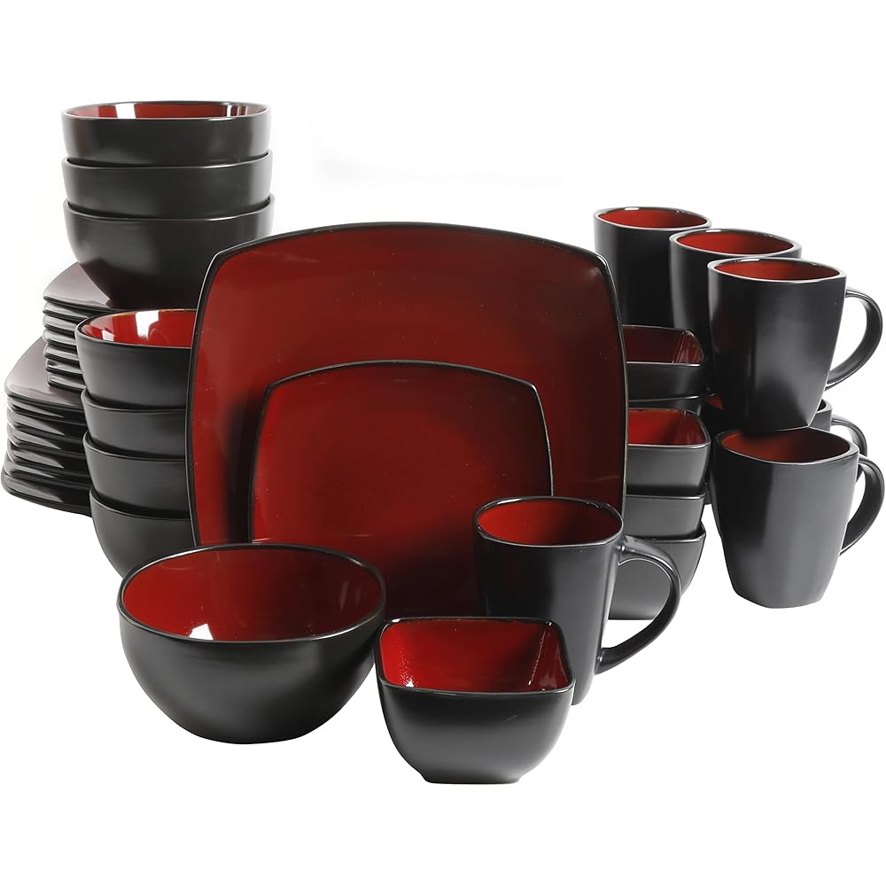| Gibson Soho Lounge Square Reactive Glaze Stoneware Dinnerware Set, Service for 8 (40pc), Red/Black: Dinnerware Sets