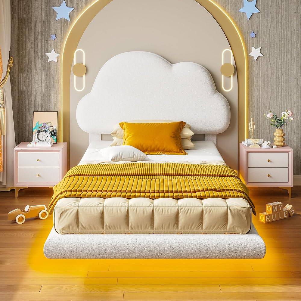 LIKIMIO Twin Bed Frames with LED Light, Floating Bed Frame with Upholstered Headboard, Solid Wooden Slats Support, No Box Spring Needed, White : Home & Kitchen
