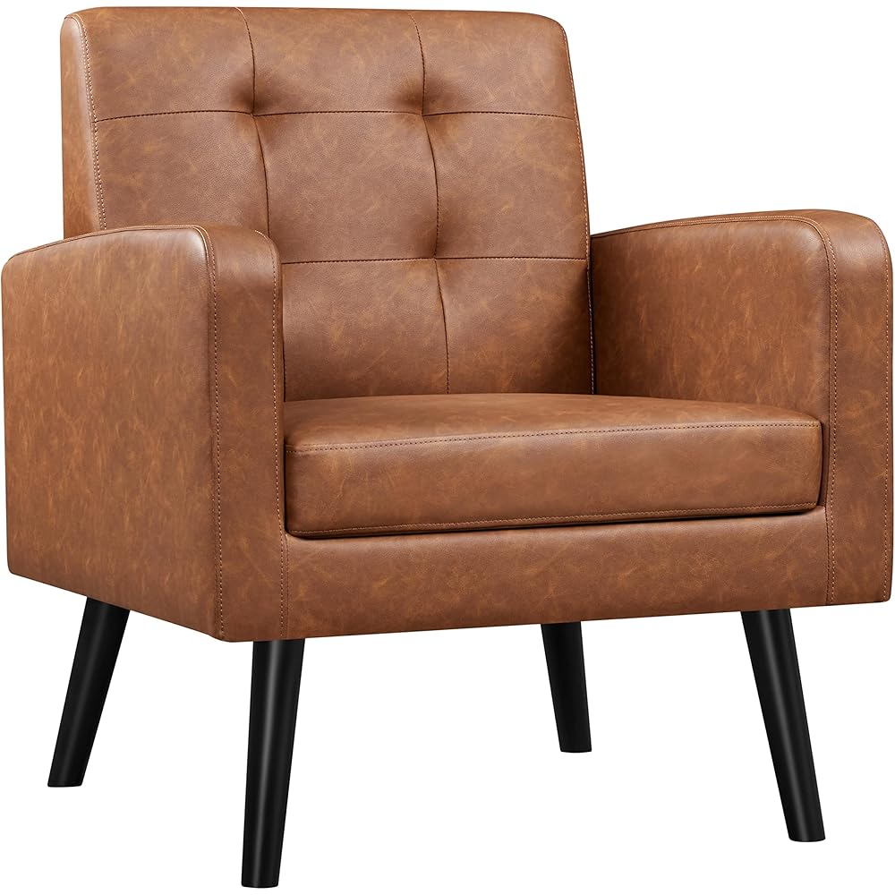 Yaheetech Mid-Century Accent Chairs, PU Leather Modern Upholstered Living Room Chair, Cozy Armchair Button Tufted Back and Wood Legs for Bedroom/Office/Cafe, Retro Brown : Home & Kitchen