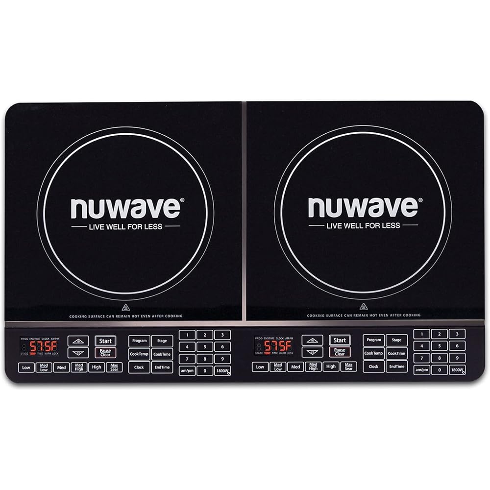 Nuwave Double Induction Cooktop, Powerful 1800W, 2 Large 8” Heating Coils, Independent Controls, 94 Temp Settings from 100°F to 575°F in 5°F Increments, 2 x 11.5” Shatter-Proof Ceramic Glass Surface: Home & Kitchen