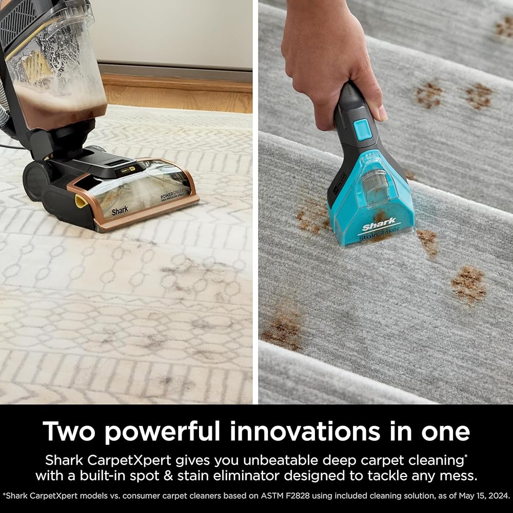 - Shark CarpetXpert HairPro with StainStriker, Upright Carpet, Area Rug & Upholstery Cleaner, Perfect for Pets & Hair Removal, Carpet Shampooer, 4 Cleaning Tools, Pet Cleaning Solution, Copper, EX301