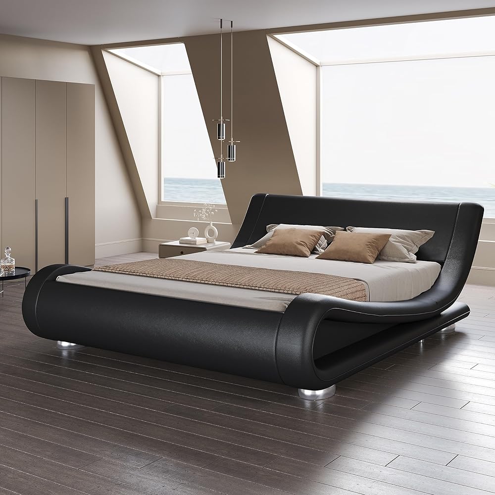 SHA CERLIN Queen Size Upholstered Bed Frame, Deluxe Low Profile Sleigh Bed with Faux Leather Ergonomics Headboard, No Box Spring Needed & Easy Assembly, Black : Home & Kitchen