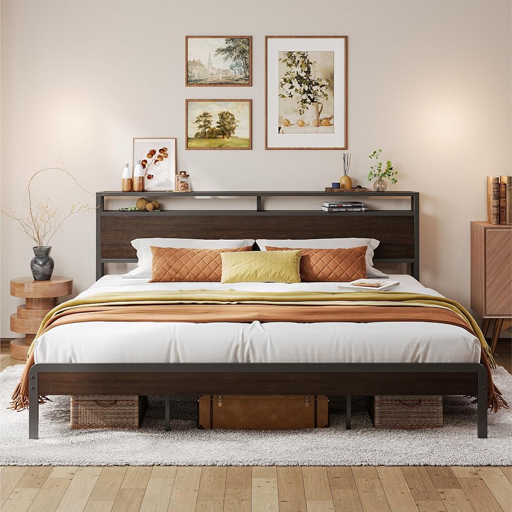 LIKIMIO King Bed Frame with Headboard, Dark Wood Camas King with Strong Supports, Sturdy, Noise-Free, No Box Spring Needed, Dark Brown : Home & Kitchen