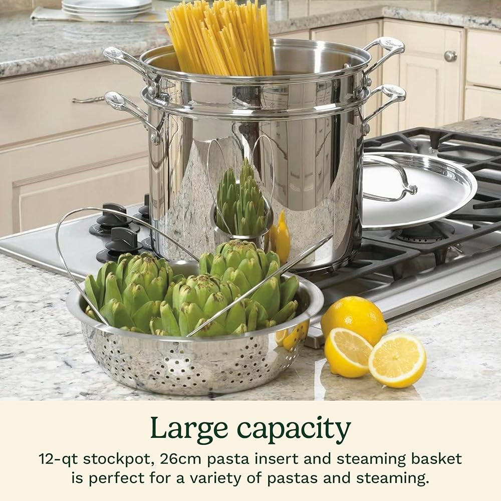Cuisinart 4-Piece Cookware Set, 12 Quarts, Chef's Classic Stainless Steel Pasta/Steamer, 77-412P1: Stock Pot: Home & Kitchen