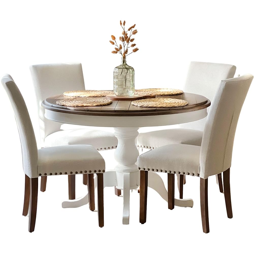 COLAMY Upholstered Parsons Dining Chairs Set of 4, Fabric Dining Room Kitchen Side Chair with Nailhead Trim and Wood Legs - Beige,No Table