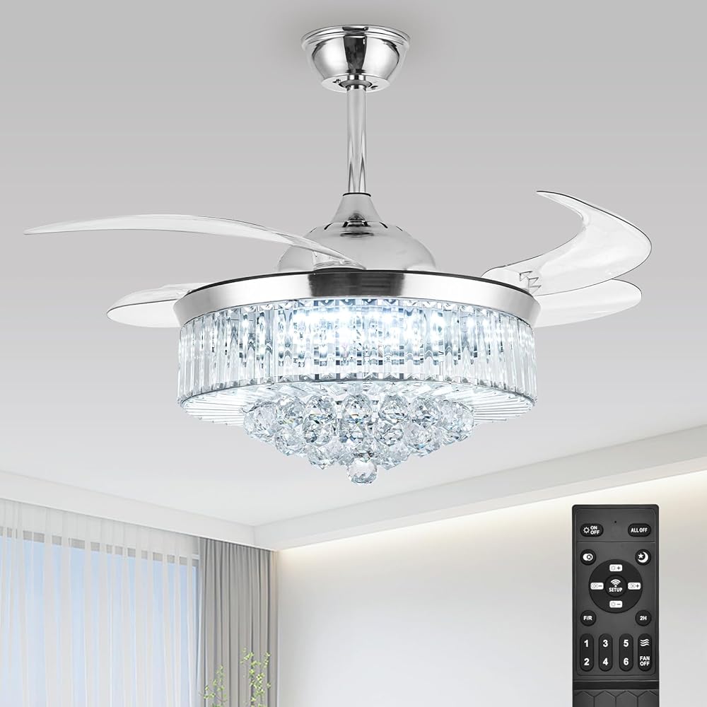 Bavnnro 42'' Fandelier Ceiling Fans with Light, Silver Retractable Crystal Chandelier Fan, Reversible, Remote Control, Dimmable Ceiling Light Kits for Dining Living Room, Bedroom -