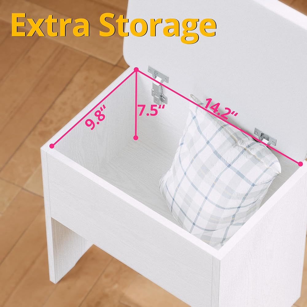 LIKIMIO Small Makeup Vanity Desk with Mirror and Lights, Vanity Table Set with Storage Drawer, Chair and Three Shelves, Bedroom, White : Home & Kitchen