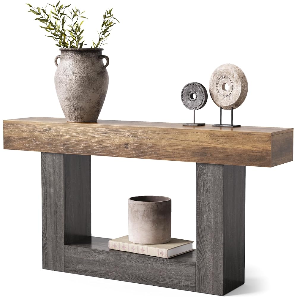 LITTLE TREE 63 Inches Long Console Table, 2-Tier Farmhouse Sofa Table Behind Couch, Large Narrow Entryway Table for Living Room, Wooden Hallway Foyer Table with Heavy Duty Base, Rustic Brown and Grey : Home & Kitchen